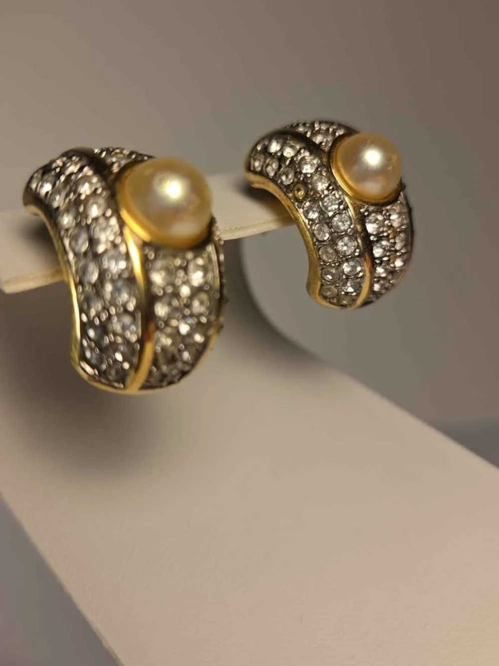 Vintage S.A.L. Swarovski Faux Pearl & Pavé Rhinestone Pierced Post Earrings - Picture 3 of 4